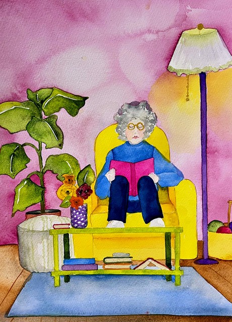 Watercolor of a woman reading in a chair with her feet up