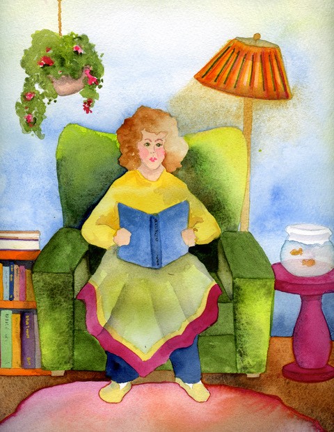 Watercolor of a woman reading in a chair with a blanket
